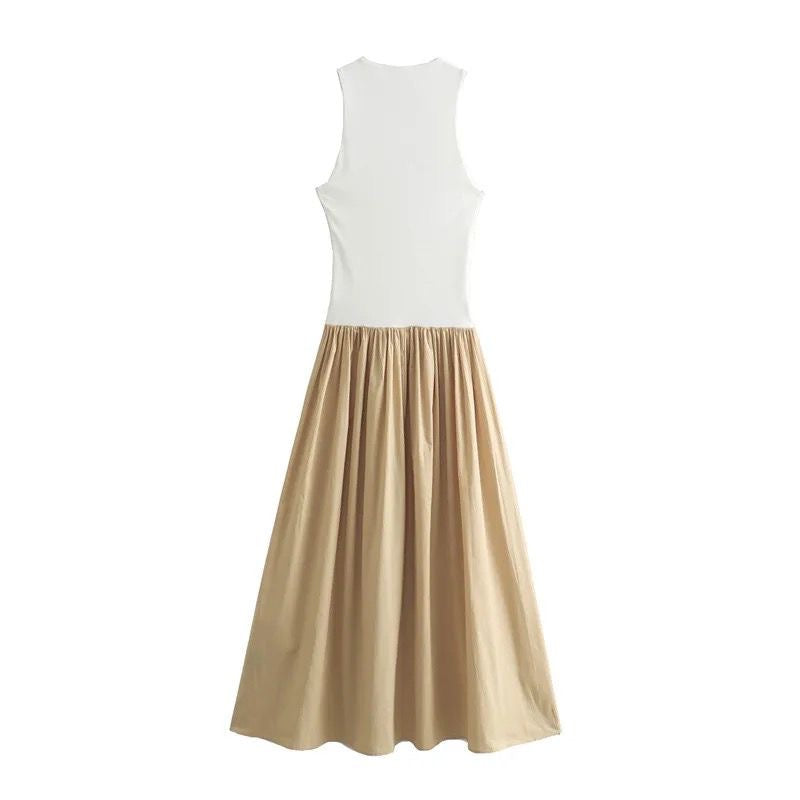 Camel/white round neck sleeveless midi dress