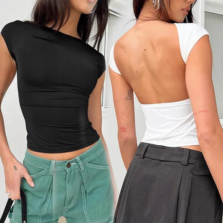 Backless short sleeve crop top